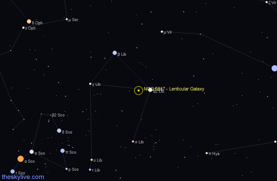 Finder chart NGC 5817 - Lenticular Galaxy in Libra star