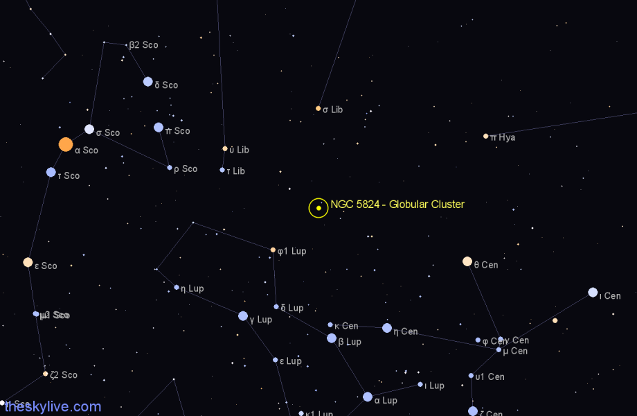 Finder chart NGC 5824 - Globular Cluster in Lupus star
