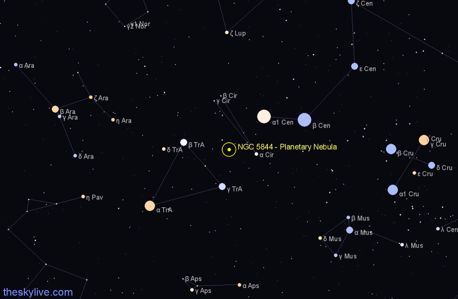 Finder chart NGC 5844 - Planetary Nebula in Triangulum Australe star