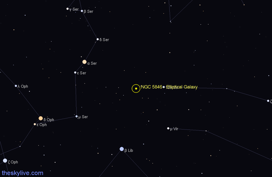 Finder chart NGC 5846 - Elliptical Galaxy in Virgo star