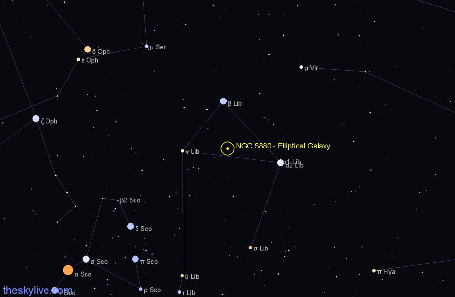 Finder chart NGC 5880 - Elliptical Galaxy in Libra star