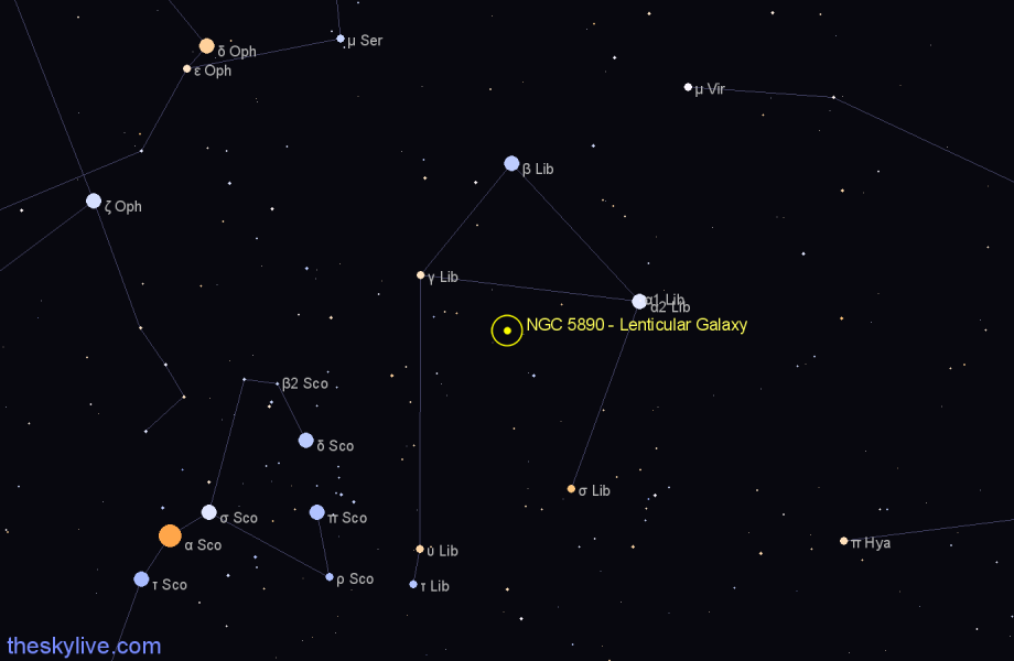 Finder chart NGC 5890 - Lenticular Galaxy in Libra star