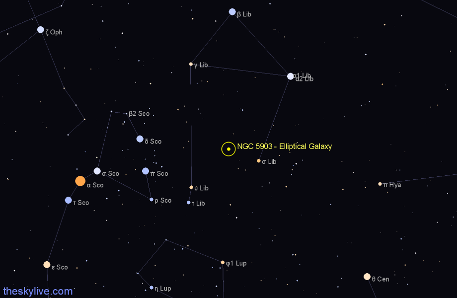 Finder chart NGC 5903 - Elliptical Galaxy in Libra star