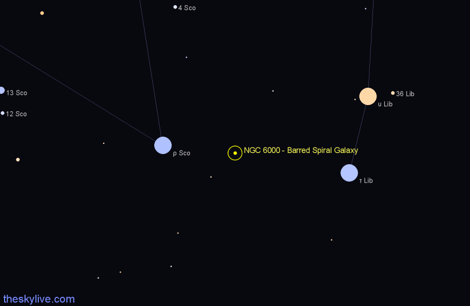 Finder chart NGC 6000 - Barred Spiral Galaxy in Scorpius star