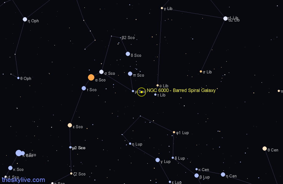 Finder chart NGC 6000 - Barred Spiral Galaxy in Scorpius star