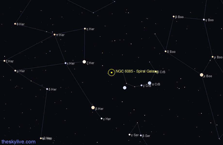 Finder chart NGC 6085 - Spiral Galaxy in Corona Borealis star