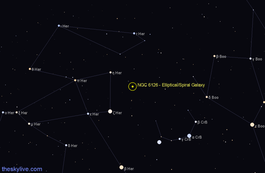 Finder chart NGC 6126 - Elliptical/Spiral Galaxy in Corona Borealis star