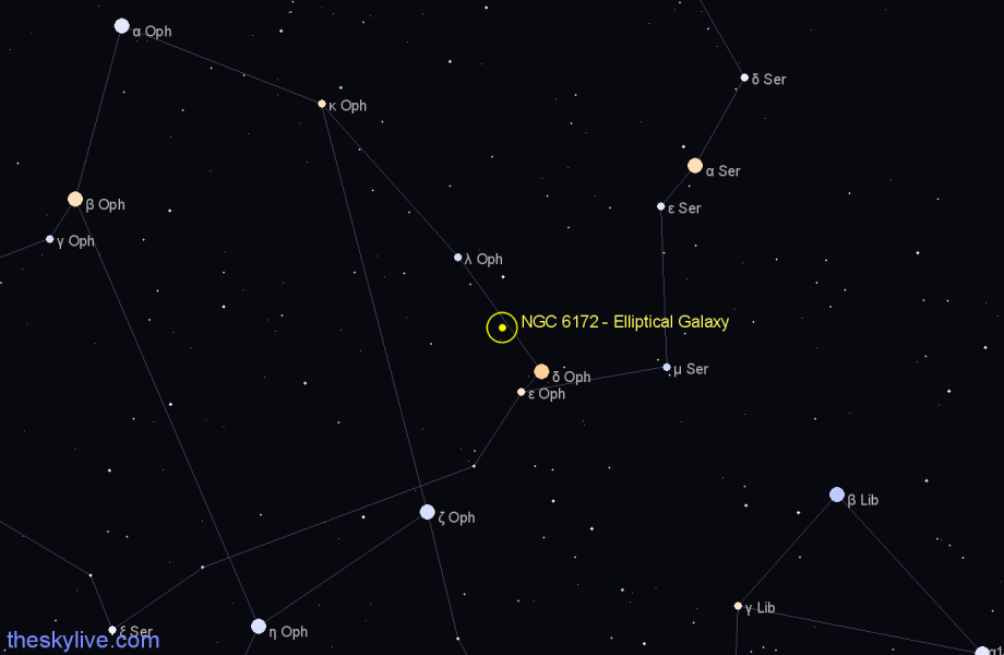 Finder chart NGC 6172 - Elliptical Galaxy in Ophiuchus star