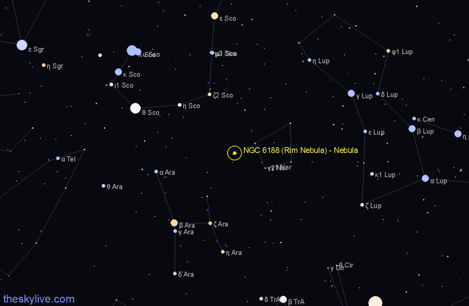Finder chart NGC 6188 (Rim Nebula) - Nebula in Ara star