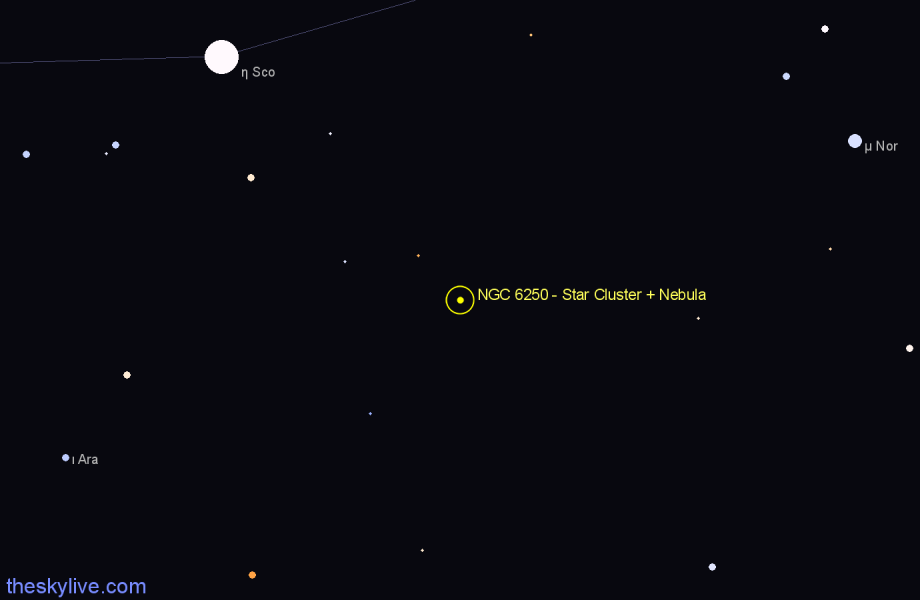 Finder chart NGC 6250 - Star Cluster + Nebula in Ara star