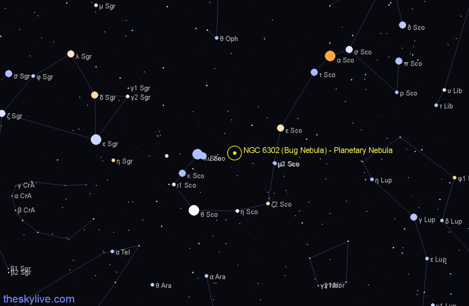 Finder chart NGC 6302 (Bug Nebula) - Planetary Nebula in Scorpius star