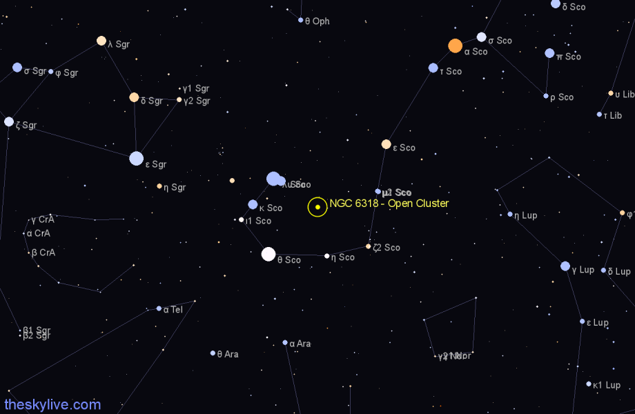 Finder chart NGC 6318 - Open Cluster in Scorpius star