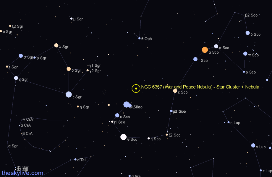 Finder chart NGC 6357 (War and Peace Nebula) - Star Cluster + Nebula in Scorpius star