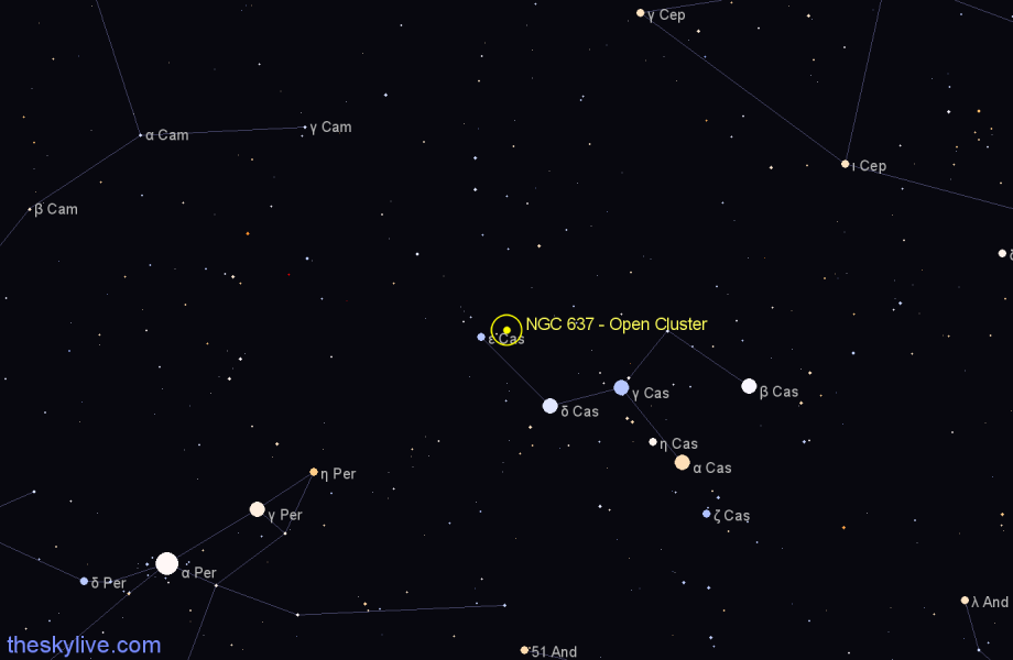 Finder chart NGC 637 - Open Cluster in Cassiopeia star