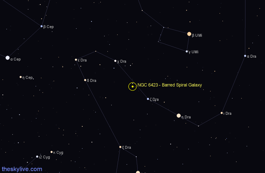 Finder chart NGC 6423 - Barred Spiral Galaxy in Draco star