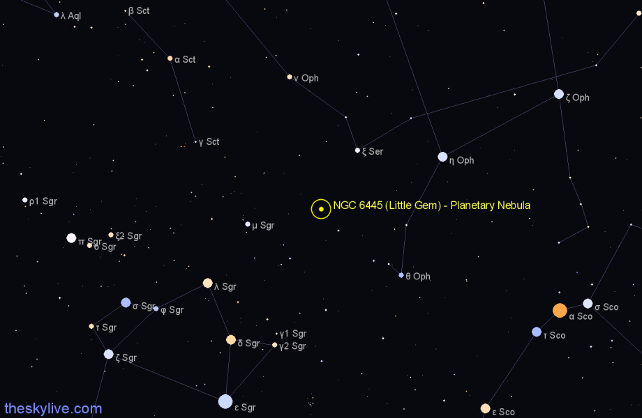 Finder chart NGC 6445 (Little Gem) - Planetary Nebula in Sagittarius star