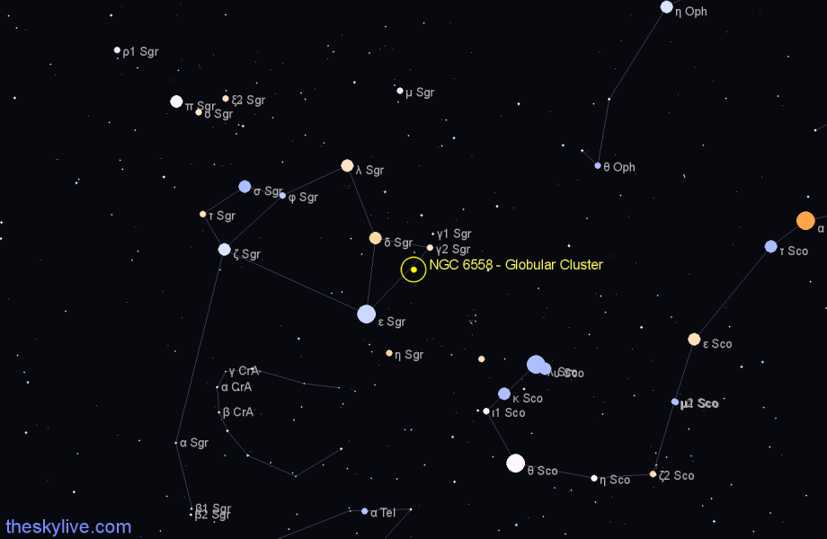 Finder chart NGC 6558 - Globular Cluster in Sagittarius star