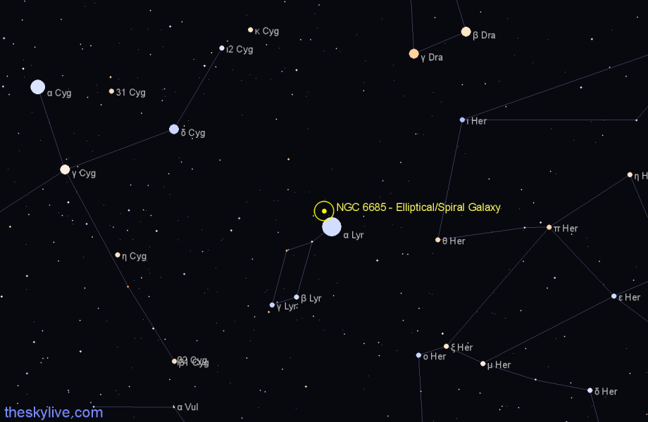Finder chart NGC 6685 - Elliptical/Spiral Galaxy in Lyra star