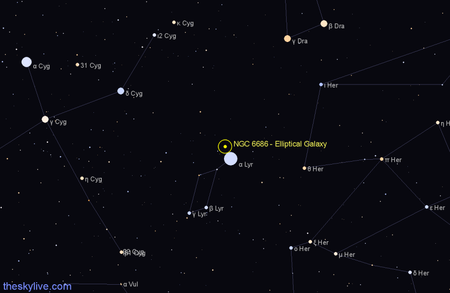 Finder chart NGC 6686 - Elliptical Galaxy in Lyra star