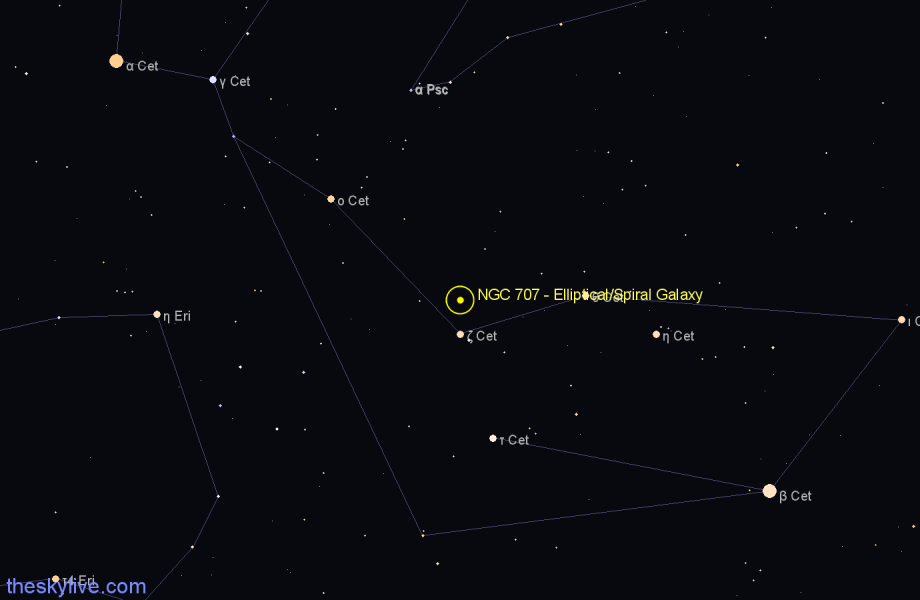 Finder chart NGC 707 - Elliptical/Spiral Galaxy in Cetus star