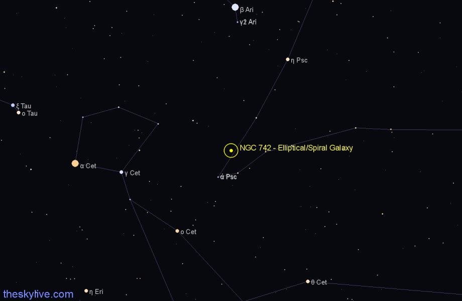Finder chart NGC 742 - Elliptical/Spiral Galaxy in Pisces star