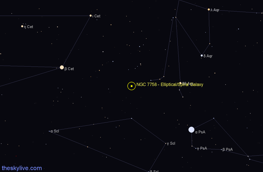 Finder chart NGC 7758 - Elliptical/Spiral Galaxy in Aquarius star