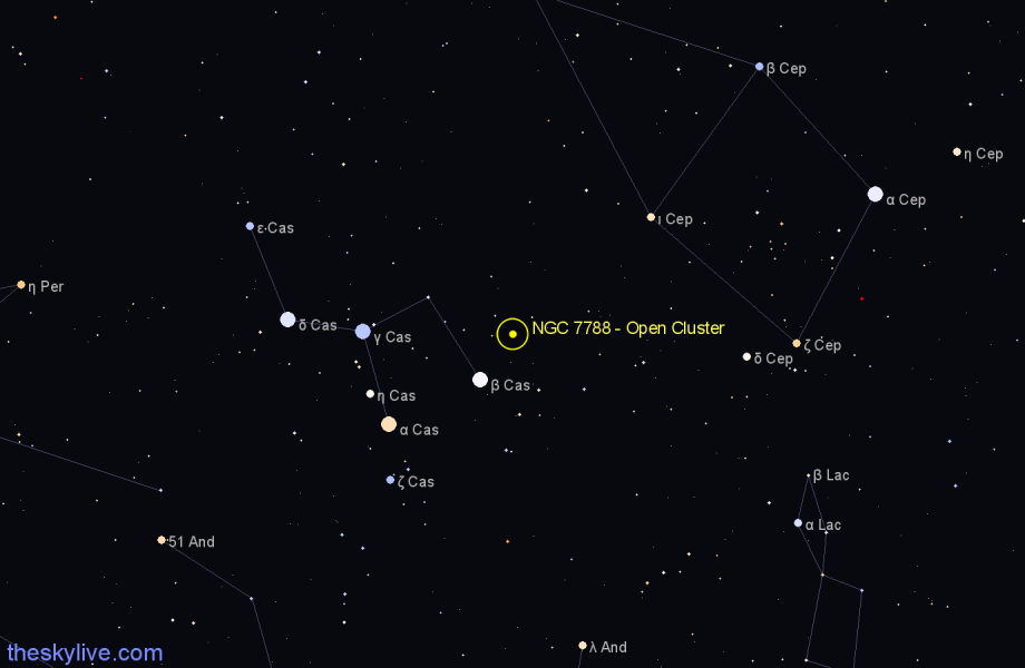Finder chart NGC 7788 - Open Cluster in Cassiopeia star