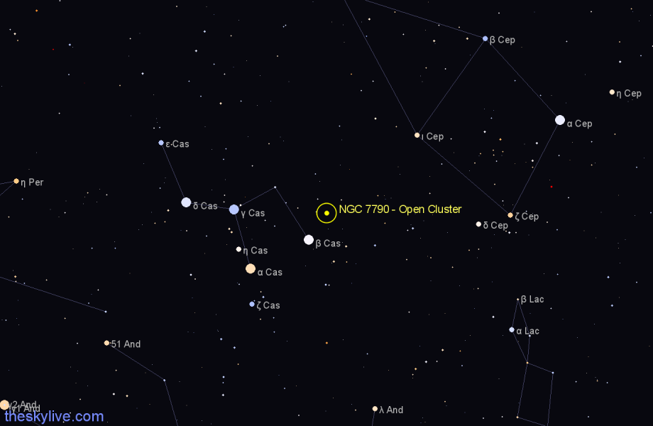 Finder chart NGC 7790 - Open Cluster in Cassiopeia star