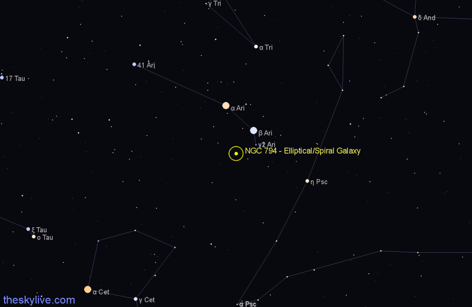 Finder chart NGC 794 - Elliptical/Spiral Galaxy in Aries star