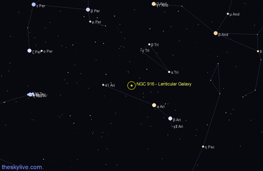 Finder chart NGC 916 - Lenticular Galaxy in Aries star