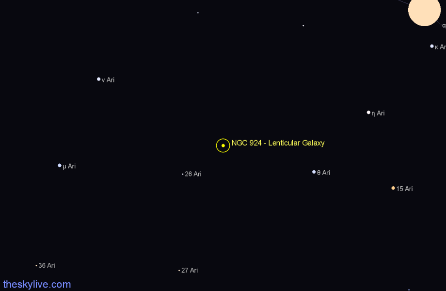 Finder chart NGC 924 - Lenticular Galaxy in Aries star