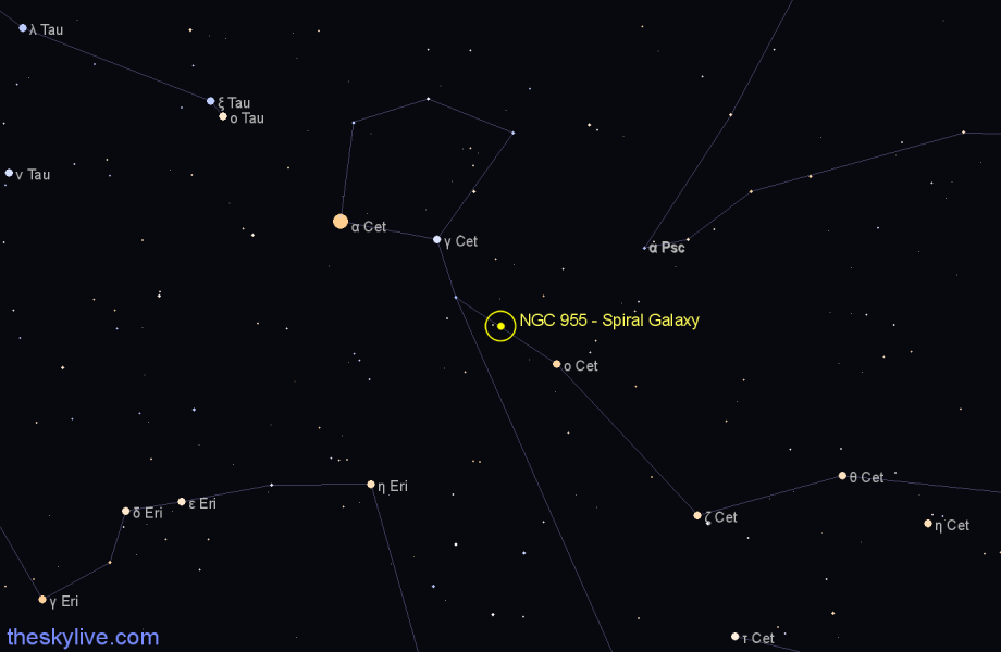 Finder chart NGC 955 - Spiral Galaxy in Cetus star