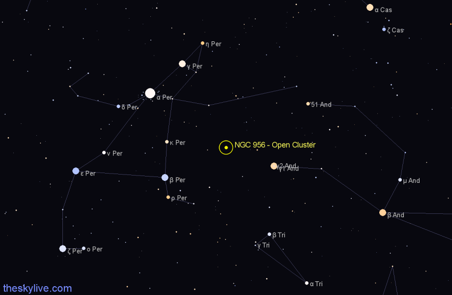 Finder chart NGC 956 - Open Cluster in Andromeda star