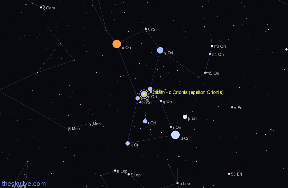 Finder chart Alnilam - ε Orionis (epsilon Orionis) star