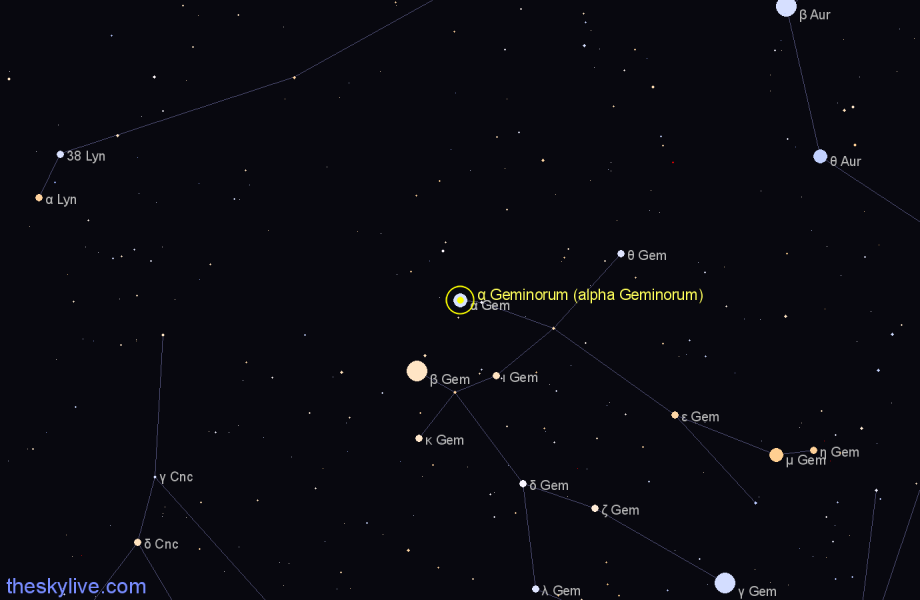 Finder chart α Geminorum (alpha Geminorum) star