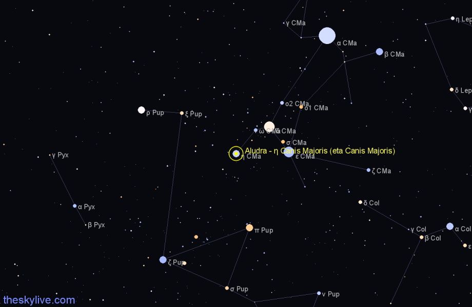 Finder chart Aludra - η Canis Majoris (eta Canis Majoris) star