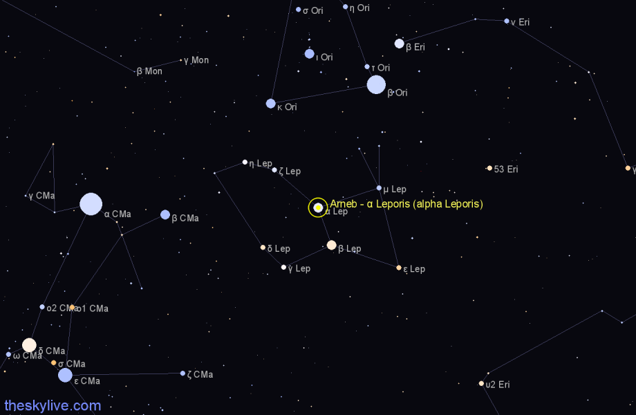 Finder chart Arneb - α Leporis (alpha Leporis) star