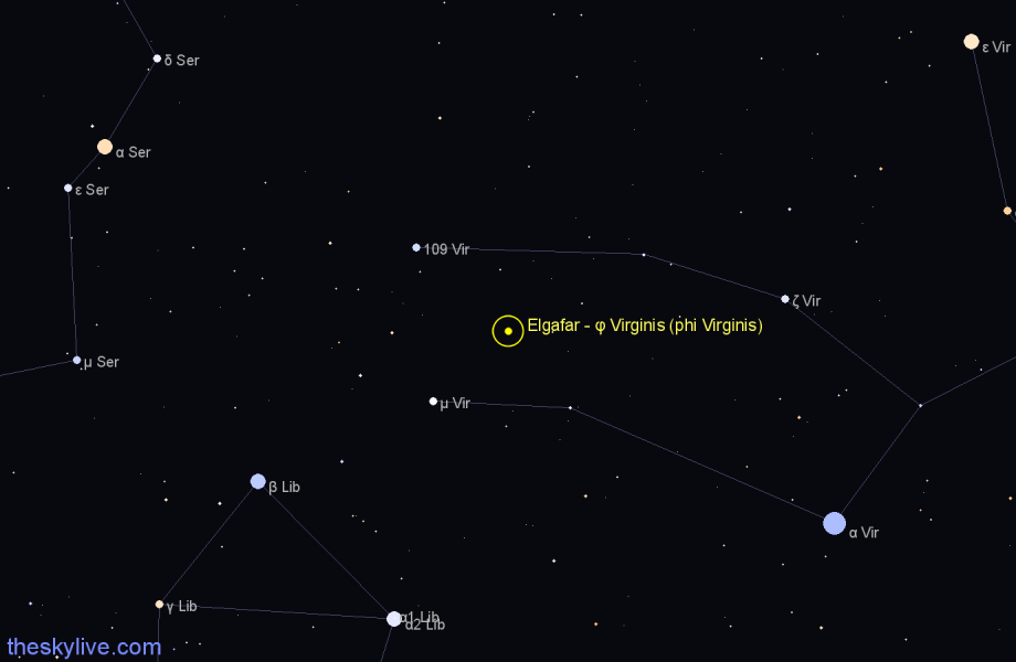 Finder chart Elgafar - φ Virginis (phi Virginis) star