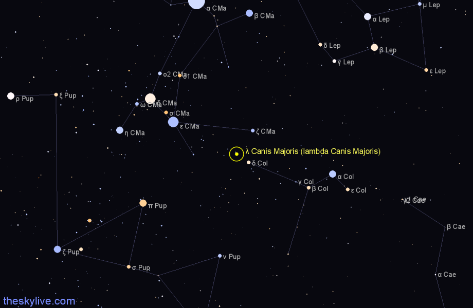 Finder chart λ Canis Majoris (lambda Canis Majoris) star
