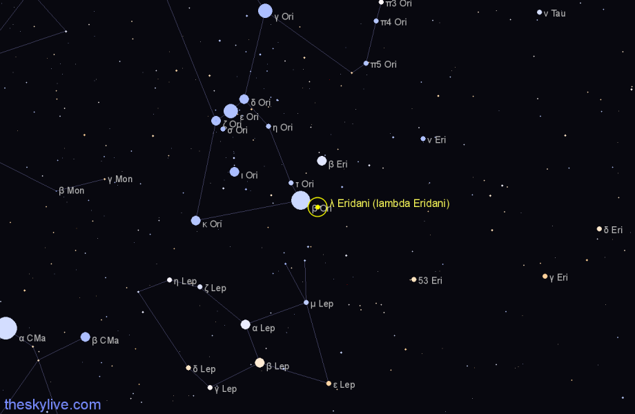 Finder chart λ Eridani (lambda Eridani) star