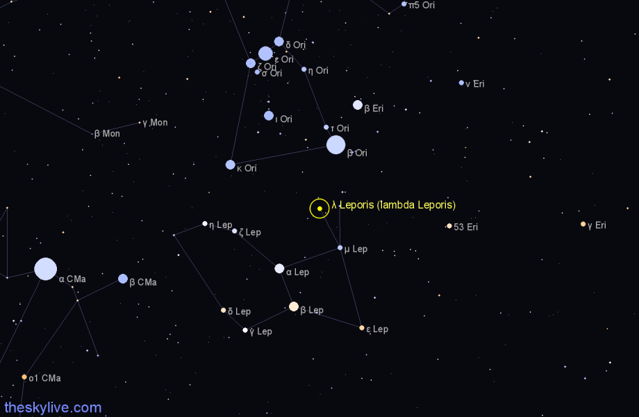 Finder chart λ Leporis (lambda Leporis) star