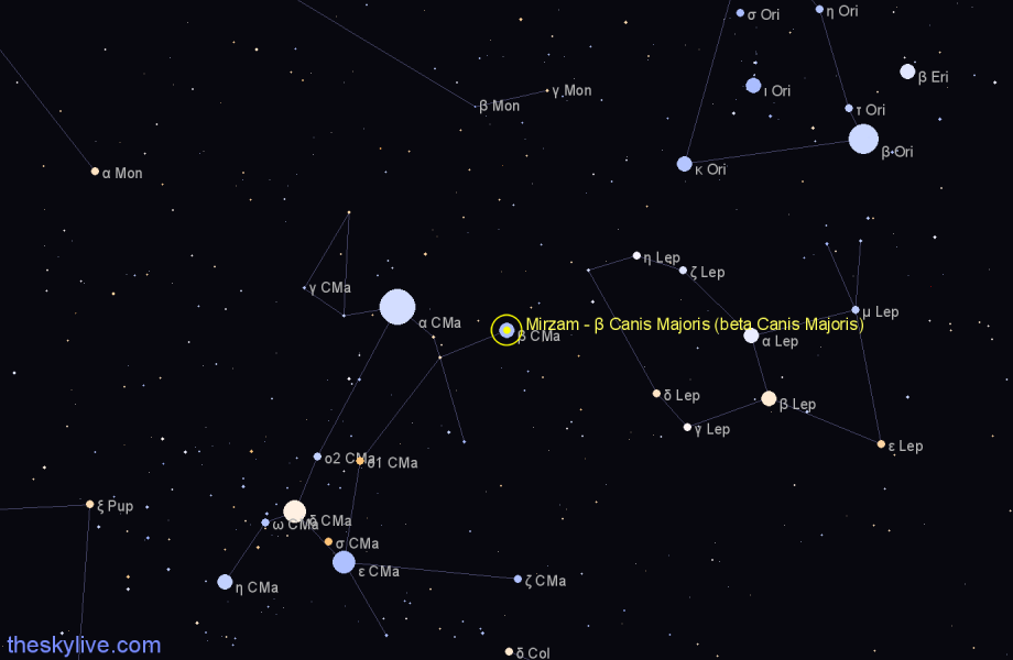 Finder chart Mirzam - β Canis Majoris (beta Canis Majoris) star