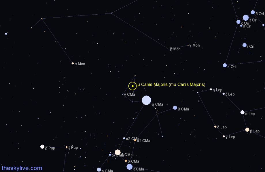 Finder chart μ Canis Majoris (mu Canis Majoris) star