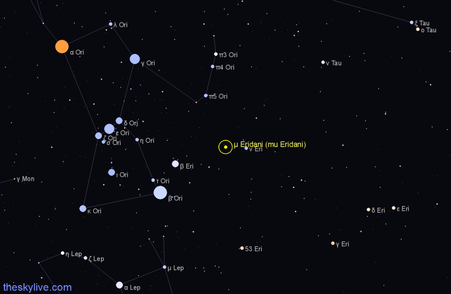 Finder chart μ Eridani (mu Eridani) star