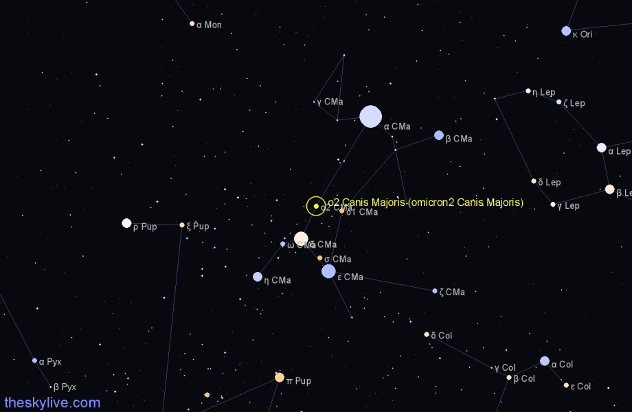 Finder chart ο2 Canis Majoris (omicron2 Canis Majoris) star