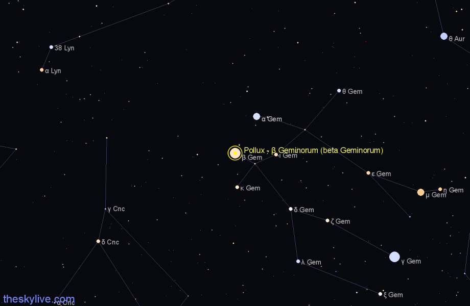 Finder chart Pollux - β Geminorum (beta Geminorum) star