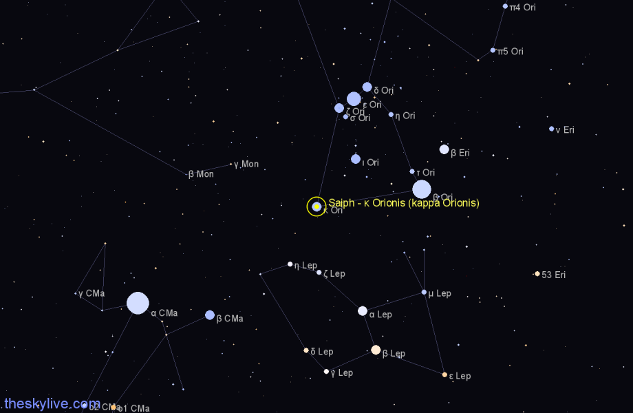 Finder chart Saiph - κ Orionis (kappa Orionis) star