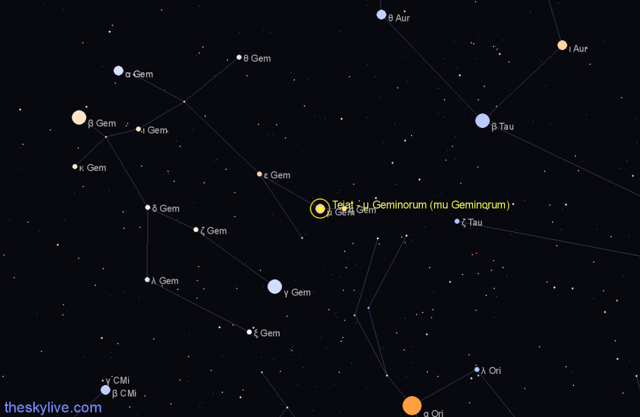 Finder chart Tejat - μ Geminorum (mu Geminorum) star
