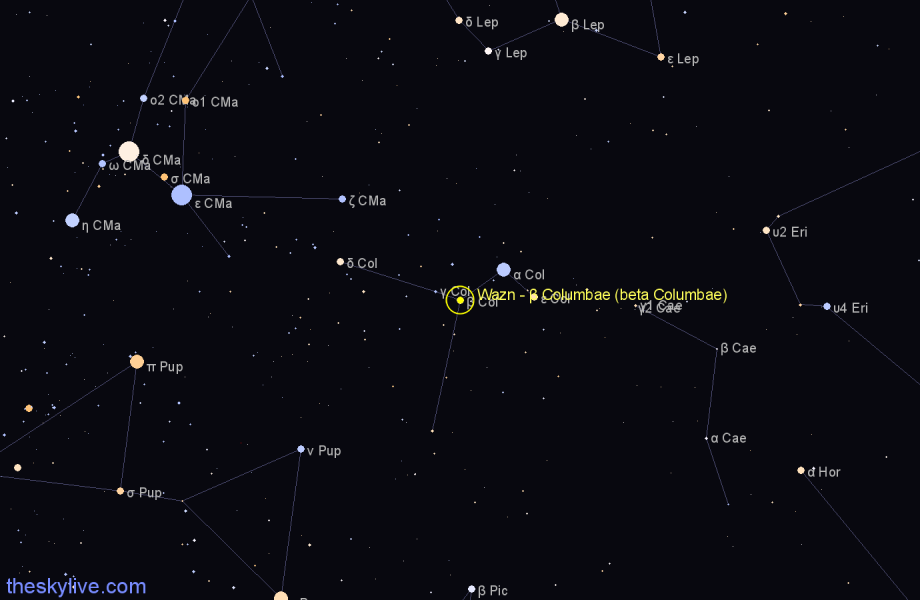 Finder chart Wazn - β Columbae (beta Columbae) star