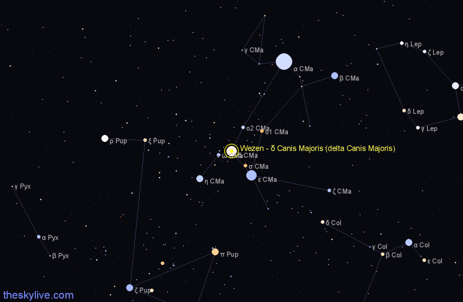 Finder chart Wezen - δ Canis Majoris (delta Canis Majoris) star